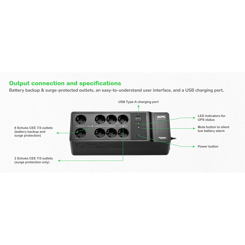 APC Back-UPS, 500VA/300W Floor/Wall Mount, 230V, 8x CEE 7/3 Schuko outlets, USB Type A Port, User Replaceable Battery - Image 4