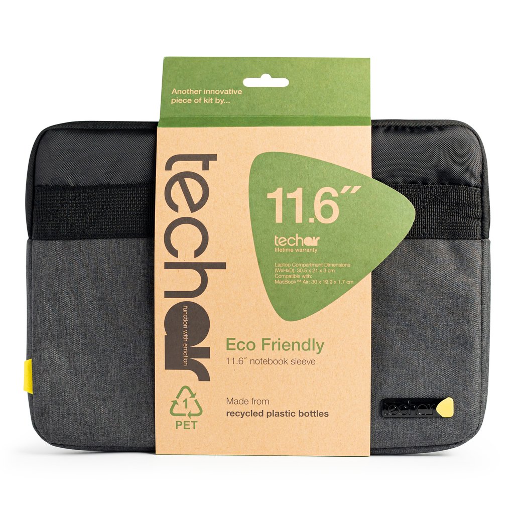Techair TAECV007 Sustainable style for 11.6" laptops and Chromebooks. Made from recycled bottles, the Eco Sleeve pairs eco-frie