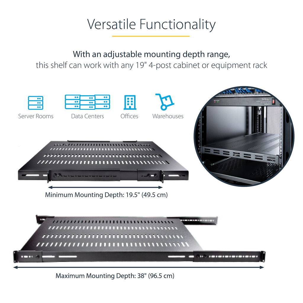 StarTech.com 1U 4-Post Adjustable Vented Server Rack Mount Shelf - 330lbs(150 kg) - 19.5 to 38in Adjustable Mounting Depth Univ - Image 11