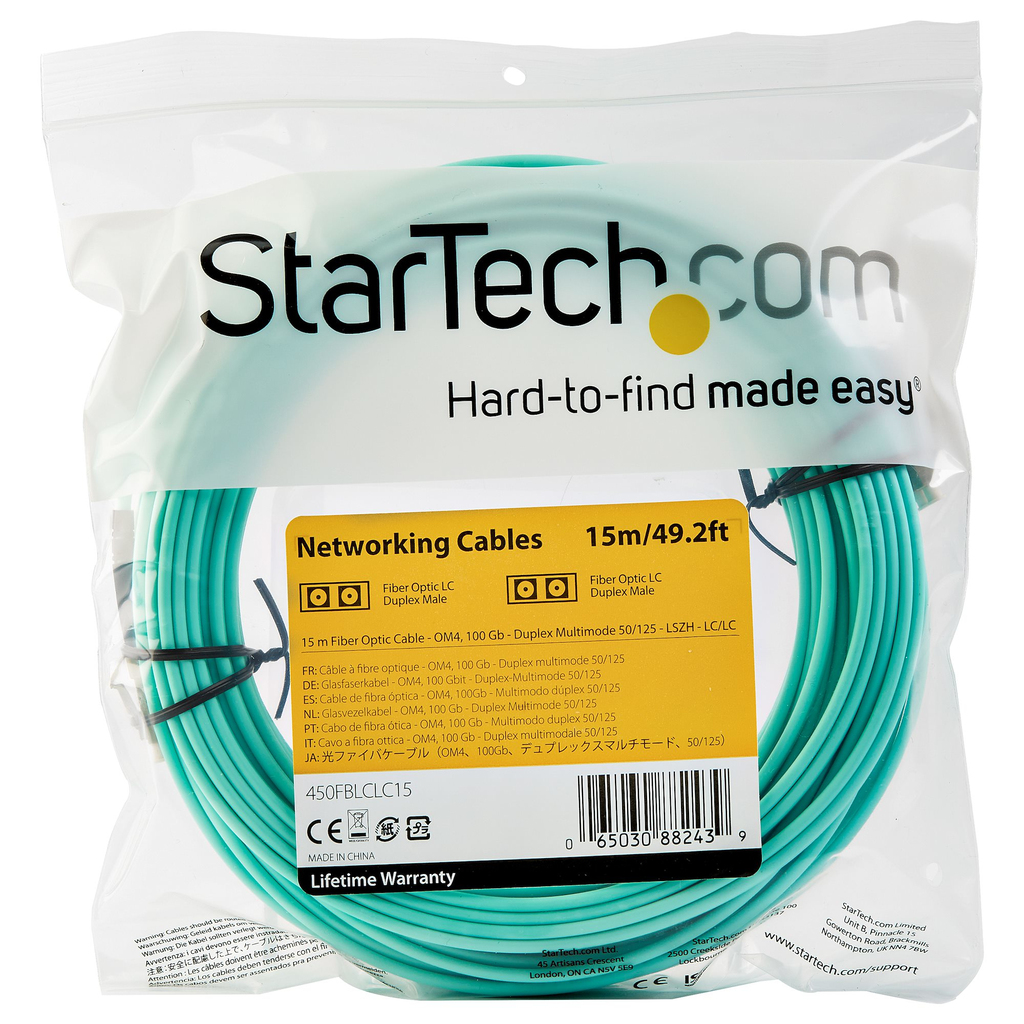 StarTech.com 15m (50ft) LC/UPC to LC/UPC OM4 Multimode Fiber Optic Cable, 50/125µm LOMMF/VCSEL Zipcord Fiber, 100G, Low Insert - Image 4