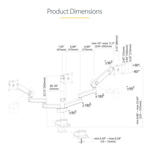 StarTech.com Triple Monitor Desk Mount For Up To Three 27in Screens, VESA 75x75/100x100, Tool-Less Arm Adjustments, C-Clamp/Gro - Image 13