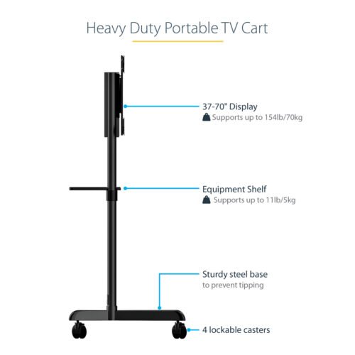 StarTech.com Mobile TV Cart - Portable Rolling TV Stand for 37-70" VESA Display (154lb/70kg) - TV Stand w/Shelf & Storage Compa - Image 8