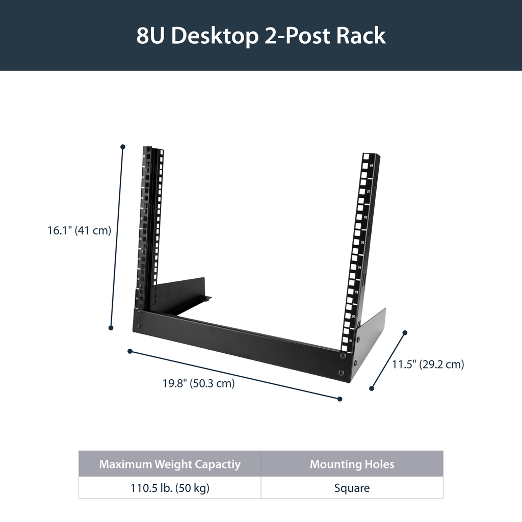 StarTech.com 2-Post 8U Desktop Server Rack, Small Open Frame 19in Computer Rack, Compact Network Rack for AV / Studio / Data / - Image 9