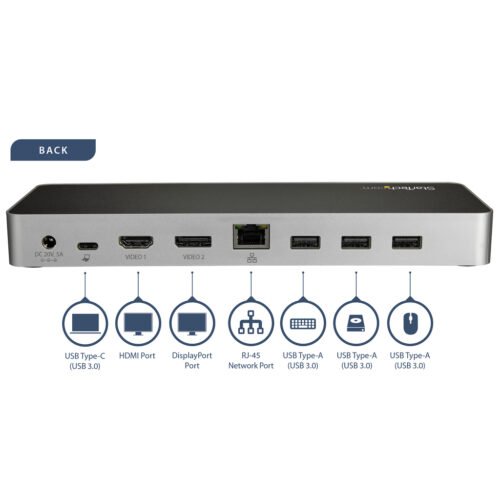 StarTech.com USB C Dock - Dual Monitor HDMI & DisplayPort 4K 30Hz - USB Type-C Laptop Docking Station 60W Power Delivery, SD, 4 - Image 3
