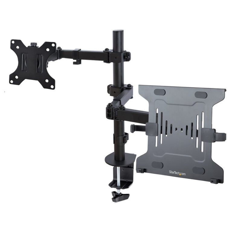 StarTech.com Monitor Arm with VESA Laptop Tray, For a Laptop (4.5kg/9.9lb) and a Single Display up to 32" (8kg/17.6lb), Black,