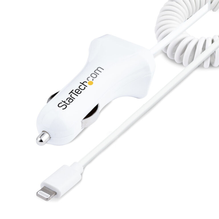 StarTech.com Lightning Car Charger with Coiled Cable, 1m Coiled Lightning Cable, 12W, White, 2 Port USB Car Charger Adapter for