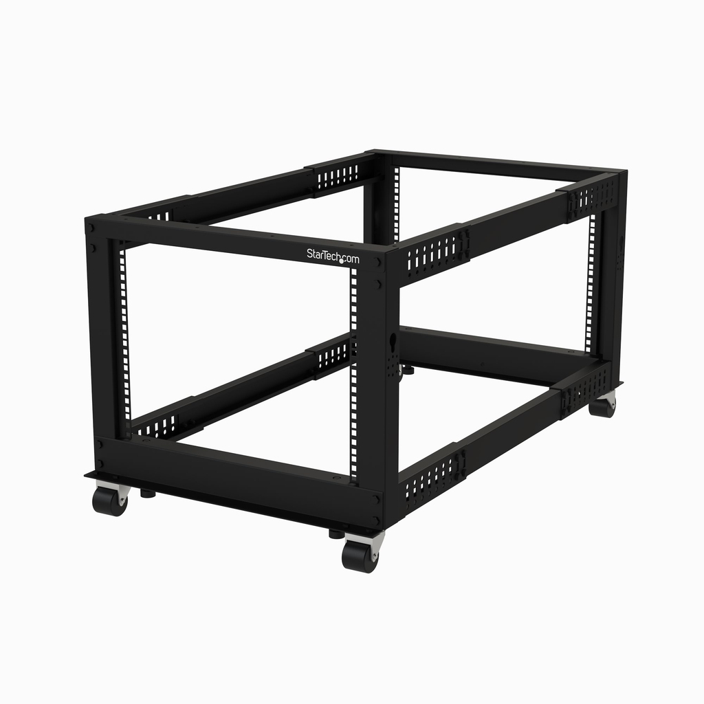 StarTech.com 4-Post 8U Mobile Open Frame Server Rack, Four Post 19in Network Rack with Wheels, Small Rolling Rack with Adjustab