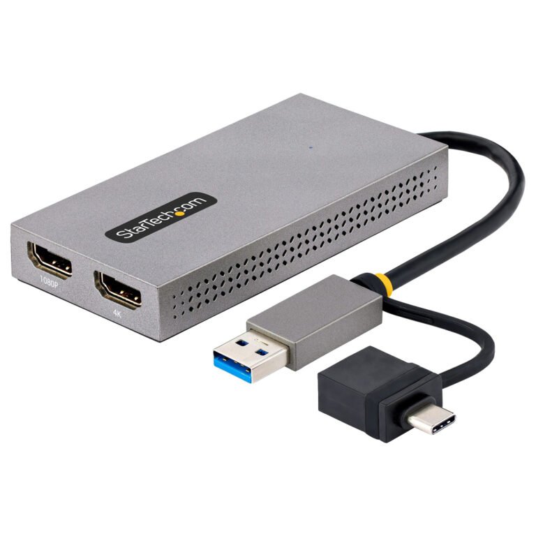 StarTech.com USB to Dual HDMI Adapter, USB A/C to 2x HDMI Displays (1x 4K30Hz, 1x 1080p), Integrated USB-A to C Dongle, 4in/11c