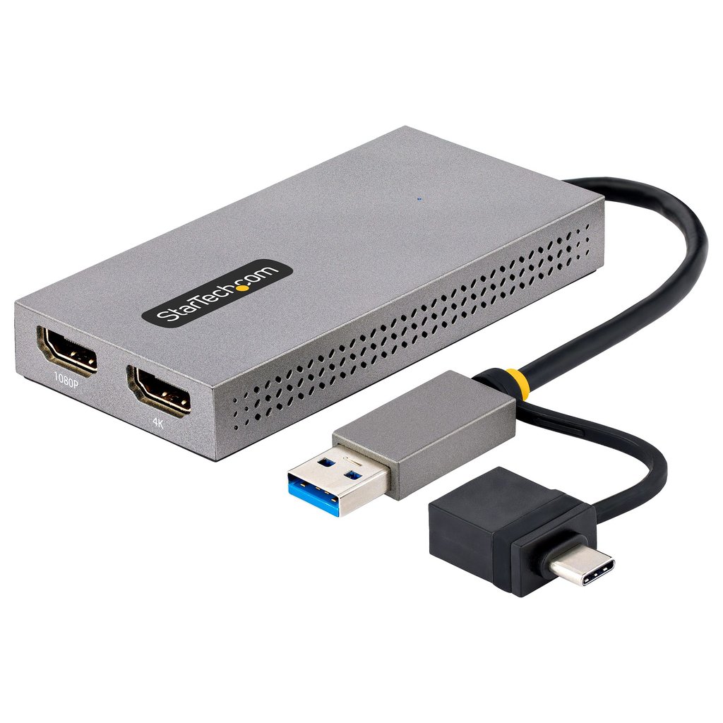 StarTech.com USB to Dual HDMI Adapter, USB A/C to 2x HDMI Displays (1x 4K30Hz, 1x 1080p), Integrated USB-A to C Dongle, 4in/11c