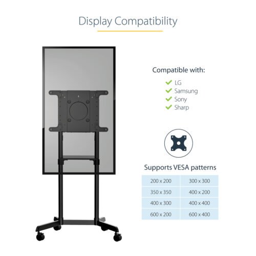 StarTech.com Mobile TV Cart - Portable Rolling TV Stand for 37-70" VESA Display (154lb/70kg) - TV Stand w/Shelf & Storage Compa - Image 4