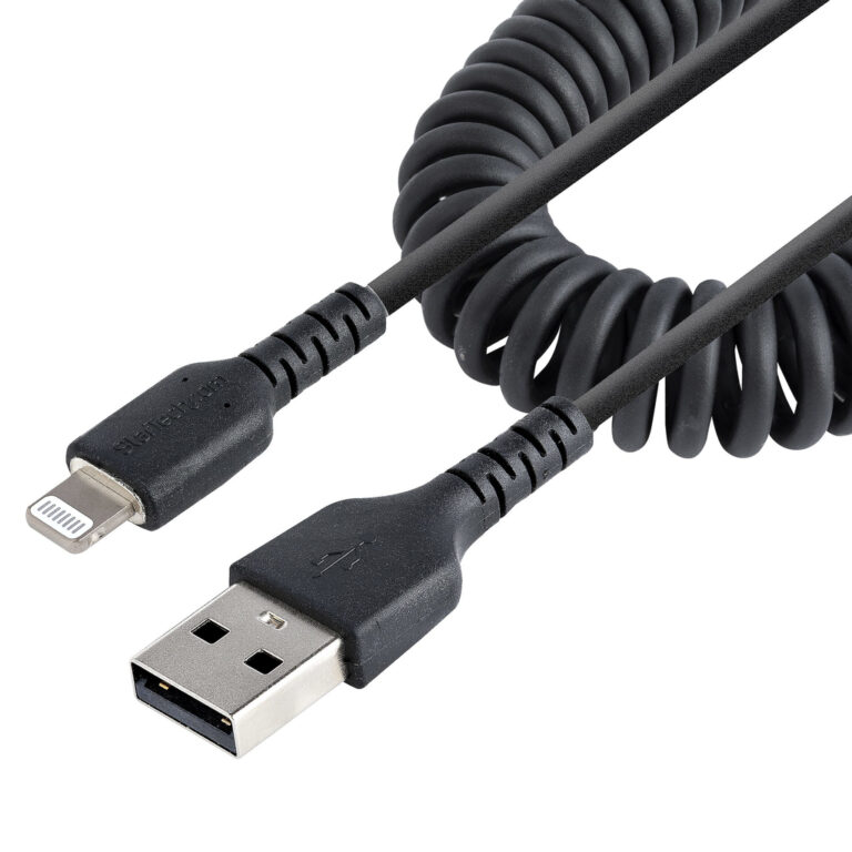 StarTech.com 1m (3ft) USB to Lightning Cable, MFi Certified, Coiled iPhone Charger Cable, Black, Durable TPE Jacket Aramid Fibe