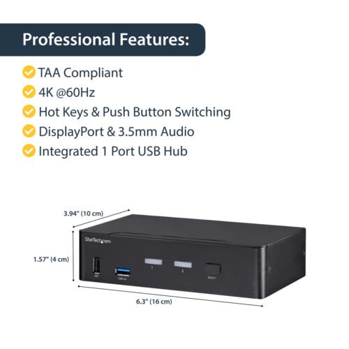 StarTech.com 2 Port DisplayPort KVM Switch - 4K 60Hz - Single Display - Dual Port UHD DP 1.2 USB KVM Switch with Integrated USB - Image 6