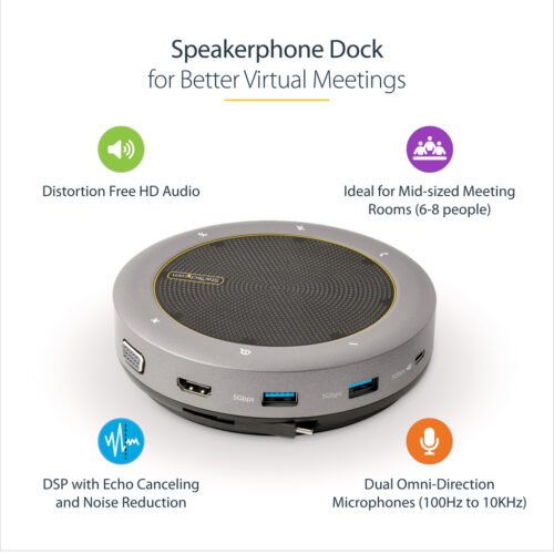 StarTech.com USB-C Speakerphone Docking Station, Mini Portable Conference Speaker and Audio Dock, USB-C to VGA/4K HDMI, 2x USB- - Image 4