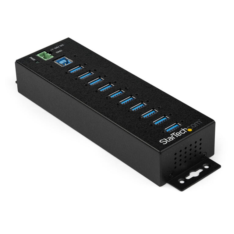 StarTech.com 10-Port USB 3.0 Hub with Power Adapter - Metal Industrial USB-A Hub with ESD & 350W Surge Protection - Din/Wall/De
