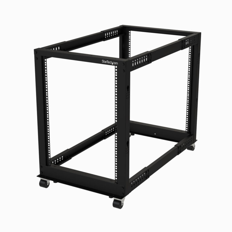 StarTech.com 4-Post 15U Mobile Open Frame Server Rack, Four Post 19" Network Rack with Wheels, Rolling Rack with Adjustable Dep