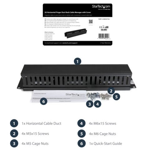 StarTech.com Horizontal 2U Server Rack Cable Management Finger Duct w/ Cover - 19" Network Rack Wire Duct Raceway Panel - Slott - Image 3