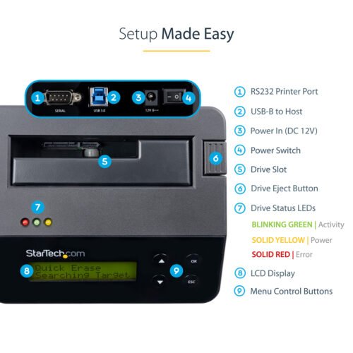 StarTech.com Single Bay Hard Drive Eraser, Standalone HDD/SSD Sanitizer, 4Kn, USB 3.0 to SATA III (6 Gbps), 9 Erase Modes, LCD - Image 10