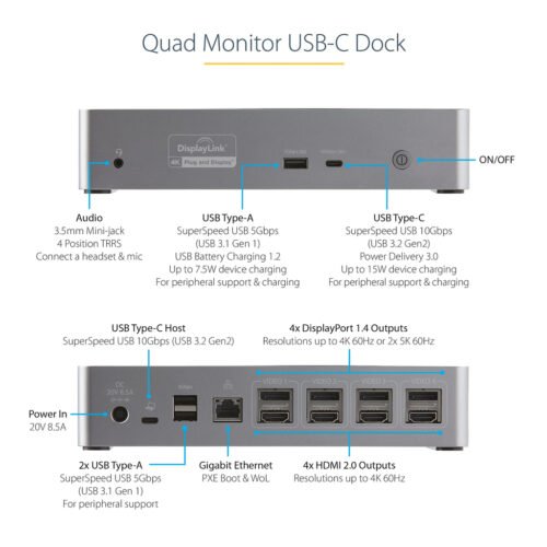 StarTech.com USB C Dock - 4K 60Hz Quad Monitor DisplayPort & HDMI - Universal USB-C Docking Station with 100W Power Delivery - - Image 10