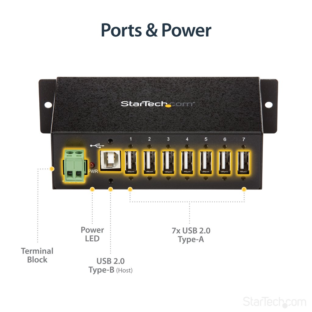 StarTech.com 7-Port USB 2.0 Hub - Metal Industrial USB-A Hub with ESD Protection & 350W Surge Protection - Din Rail, Wall or De - Image 11