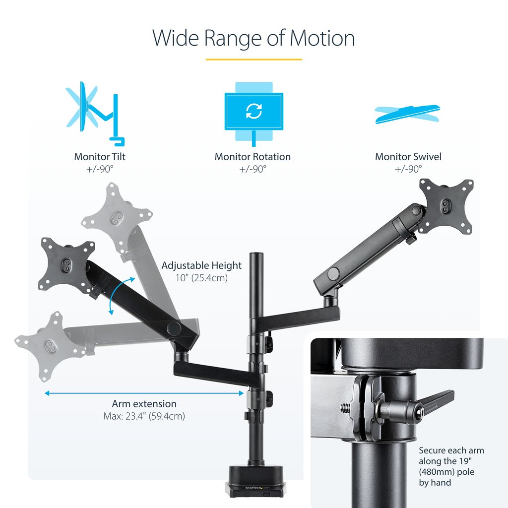 StarTech.com Desk Mount Dual Monitor Arm, Full Motion Monitor Mount for 2x VESA Displays up to 32" (17.6lb/8kg), Height Adjusta - Image 5