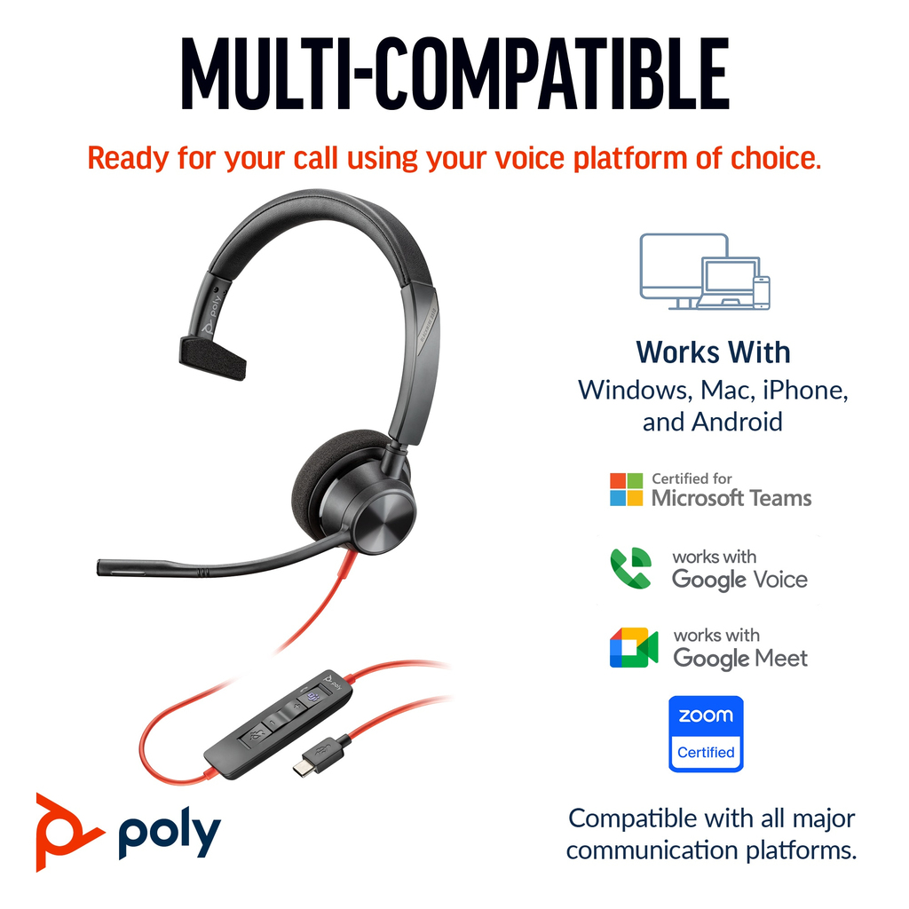 POLY Blackwire 3310 Monaural USB-C Headset +USB-C/A Adapter - Image 7