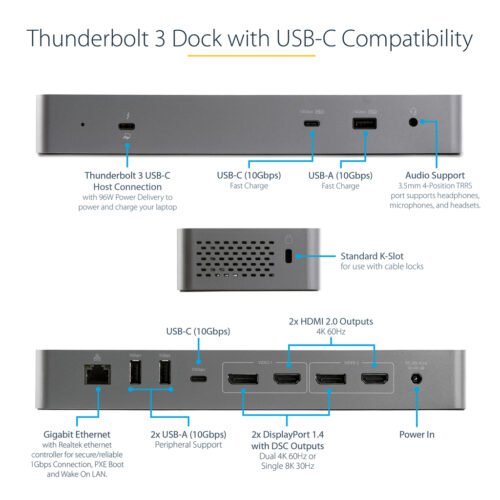 StarTech.com Thunderbolt 3 Dock w/ USB-C Host Compatibility - Dual 4K 60Hz DisplayPort 1.4 or Dual HDMI Monitors - Single 8K - - Image 8