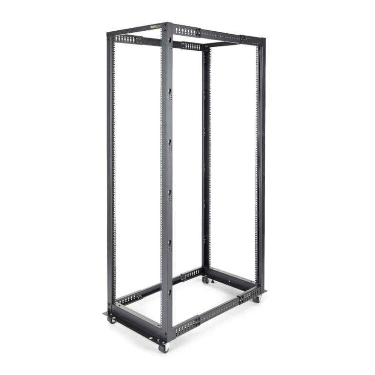 StarTech.com 4-Post 42U Mobile Open Frame Server Rack, Four Post 19" Network Rack with Wheels, Rolling Rack with Adjustable Dep