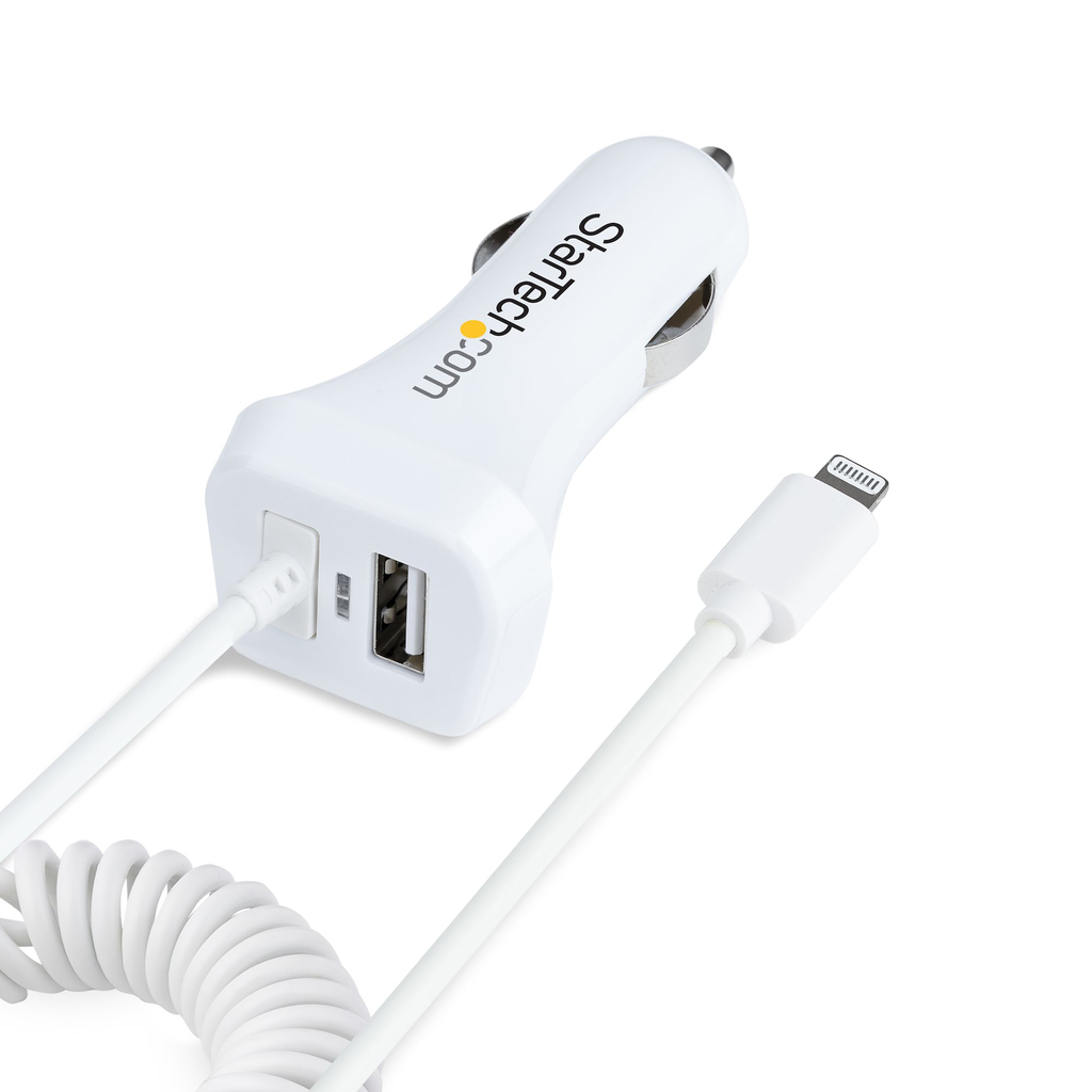 StarTech.com Lightning Car Charger with Coiled Cable, 1m Coiled Lightning Cable, 12W, White, 2 Port USB Car Charger Adapter for - Image 8