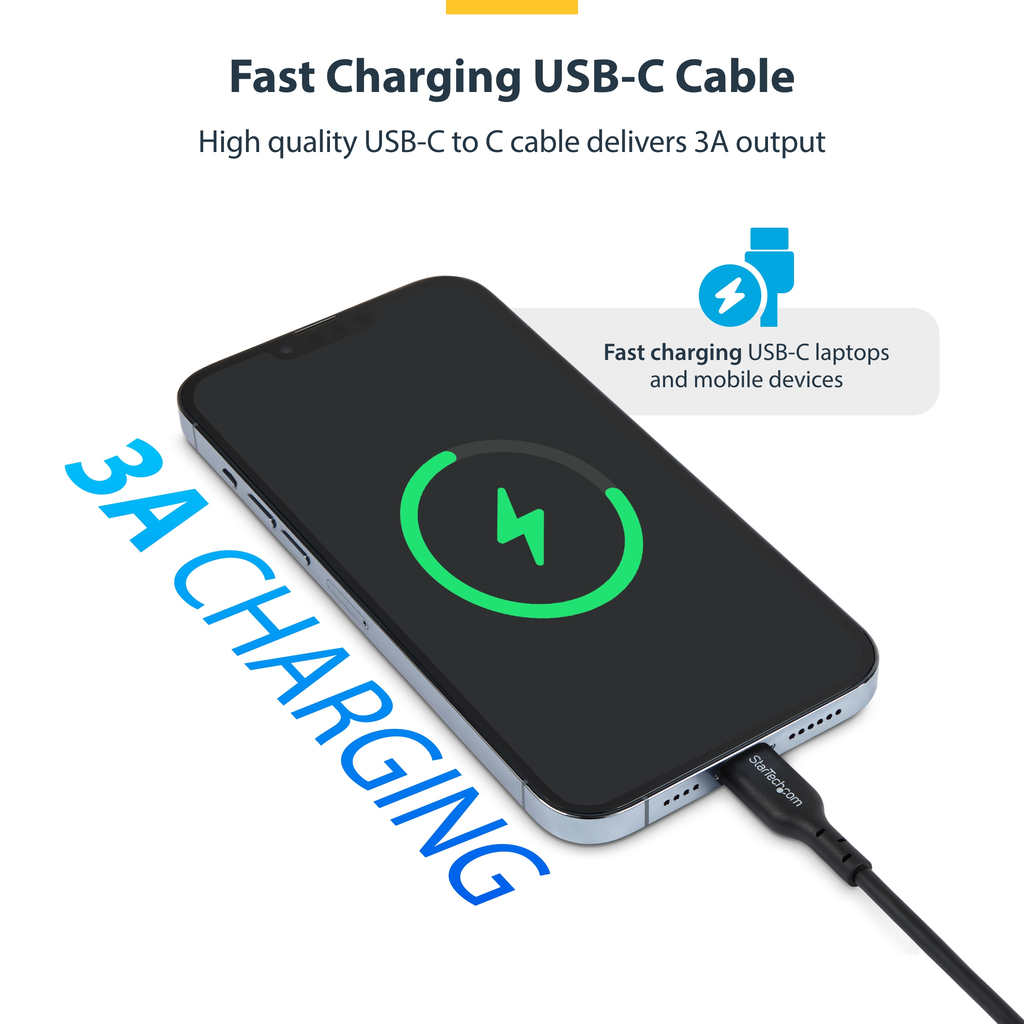 StarTech.com 3m (9.8ft) USB-C Charging Cable, USB C Cable, USB 2.0 Type-C Laptop Charger Cord, 60W 3A Power Delivery, TPE Jacke - Image 3