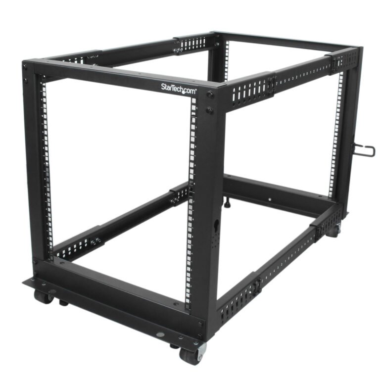 StarTech.com 4-Post 12U Mobile Open Frame Server Rack, Four Post 19" Network Rack with Wheels, Rolling Rack with Adjustable Dep