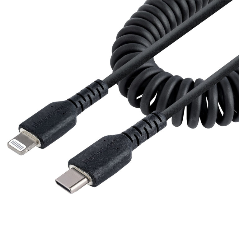 StarTech.com 20in / 50cm USB C to Lightning Cable, MFi Certified, Coiled iPhone Charger Cable, Black, Durable TPE Jacket Aramid