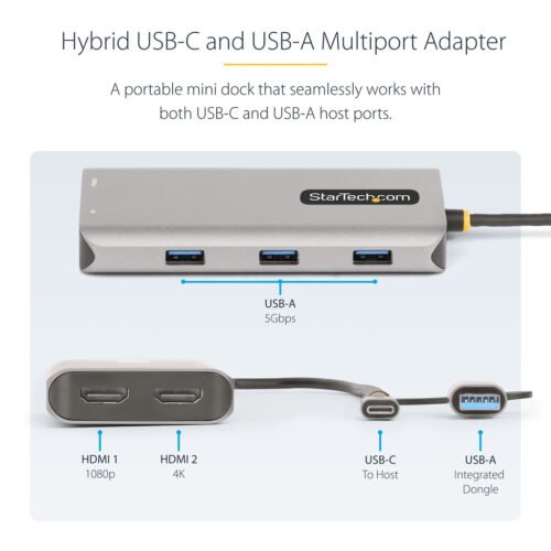 StarTech.com USB-C Multiport Adapter w/Attached USB-C to USB-A Dongle, Dual HDMI (4K30Hz/1080p60Hz), 3x USB-A 5Gbps, Mini Trave - Image 12
