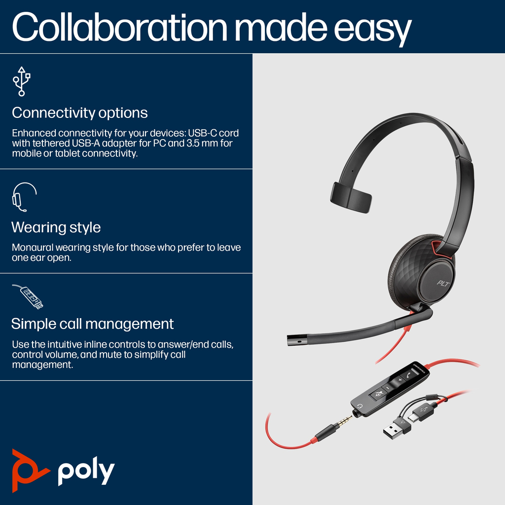 POLY Blackwire C5210 USB-C Headset +Inline Cable (Bulk) - Image 2