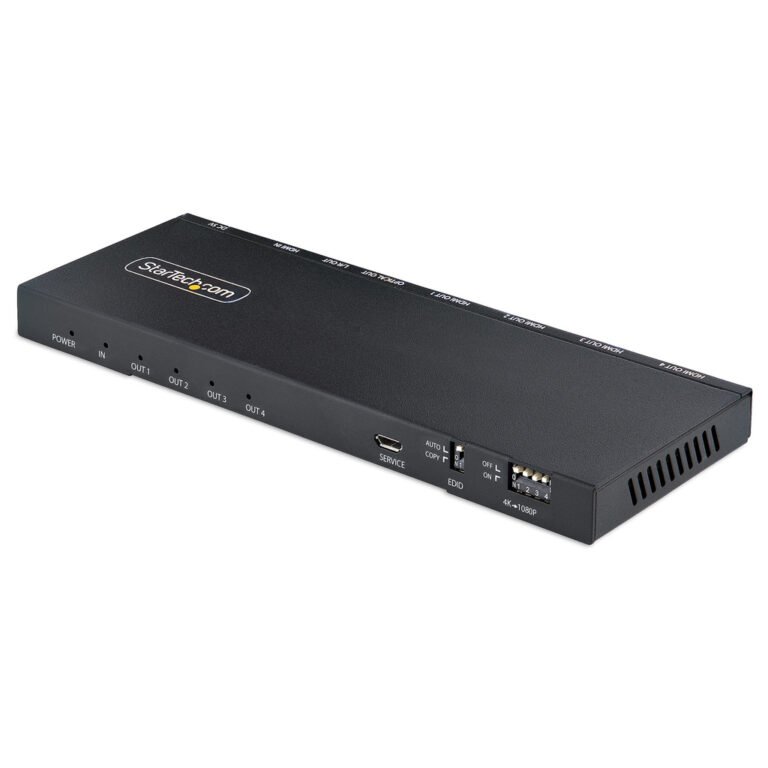 StarTech.com 4-Port HDMI Splitter, 4K 60Hz HDMI 2.0 Video, 4K HDMI Splitter w/ Built-in Scaler, HDMI Splitter 1 In 4 Out, 3.5mm