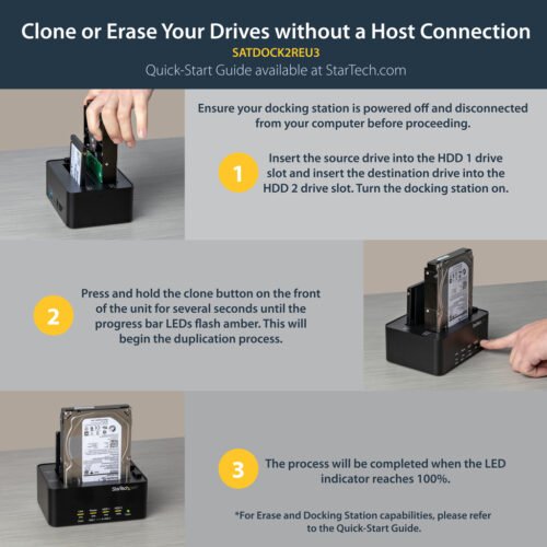 StarTech.com Dual Bay Hard Drive Duplicator and Eraser, Standalone SATA HDD/SSD Cloner/Copier, USB 3.0 to SATA Docking Station, - Image 9