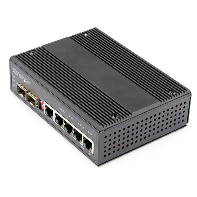 StarTech.com Industrial 6 Port Gigabit Ethernet Switch - 4 PoE RJ45 +2 SFP Slots 30W PoE+ 12-48VDC 10/100/1000 Rugged Power Ove