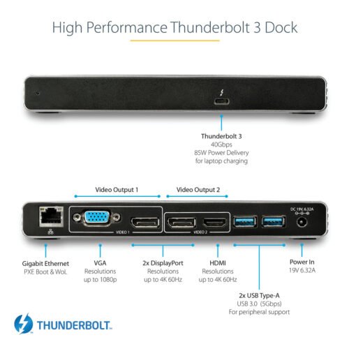 StarTech.com Thunderbolt 3 Dock - Dual 4K 60Hz Monitor TB3 Laptop Docking Station with DisplayPort, HDMI & 1080p VGA - 85W Powe - Image 4