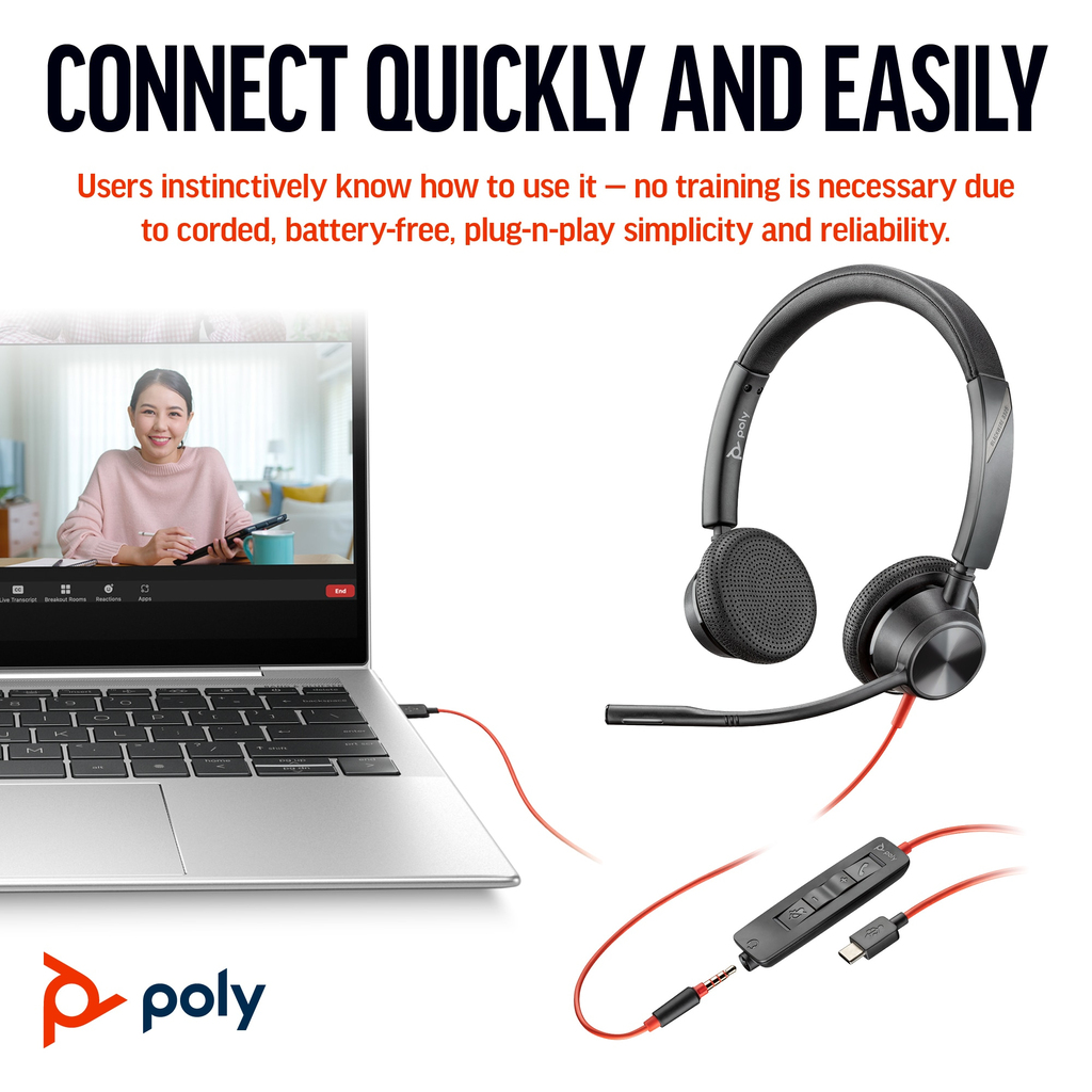 POLY Blackwire 3325 Stereo USB-C Headset +3.5mm Plug +USB-C/A Adapter - Image 3