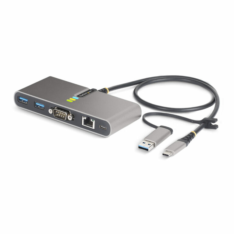 StarTech.com 2-Port USB-C Hub with Ethernet and RS-232, Attached USB-C to USB-A Dongle, 100W PD Pass-Through, 2x USB-A 5Gbps, G
