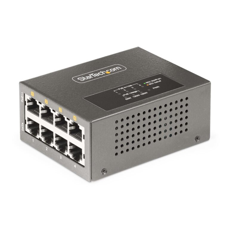 StarTech.com 4-Port Multi-Gigabit PoE++ Injector, 5/2.5/1G Ethernet (NBASE-T), PoE/PoE+/PoE++ (802.3af/802.3at/802.3bt), 160Wat