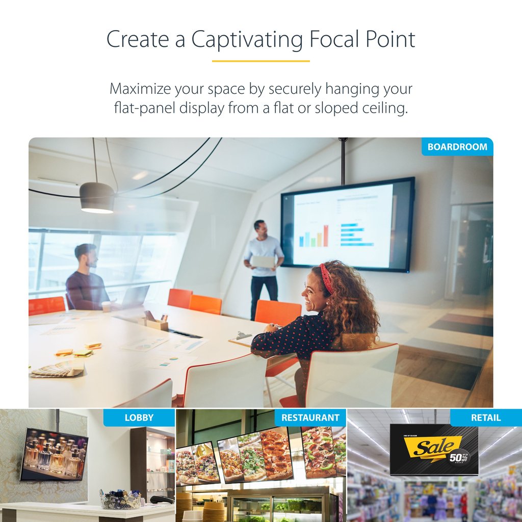 StarTech.com TV Ceiling Mount - Full-Motion Universal Hanging Single Screen Mount with Adjustable Telescopic Pole - Tilt / Swiv - Image 8