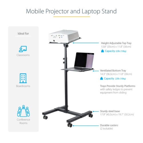 StarTech.com Mobile Projector and Laptop Stand/Cart - Heavy Duty Portable Projector Stand (2 Shelves, hold 22lb/10kg each) - He - Image 9