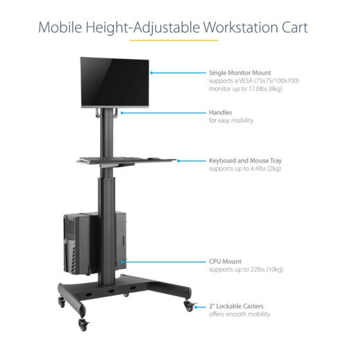 StarTech.com Mobile Workstation Cart with Monitor Mount, CPU/PC Holder, Keyboard Tray - Ergonomic Height Adjustable Desktop Com - Image 16