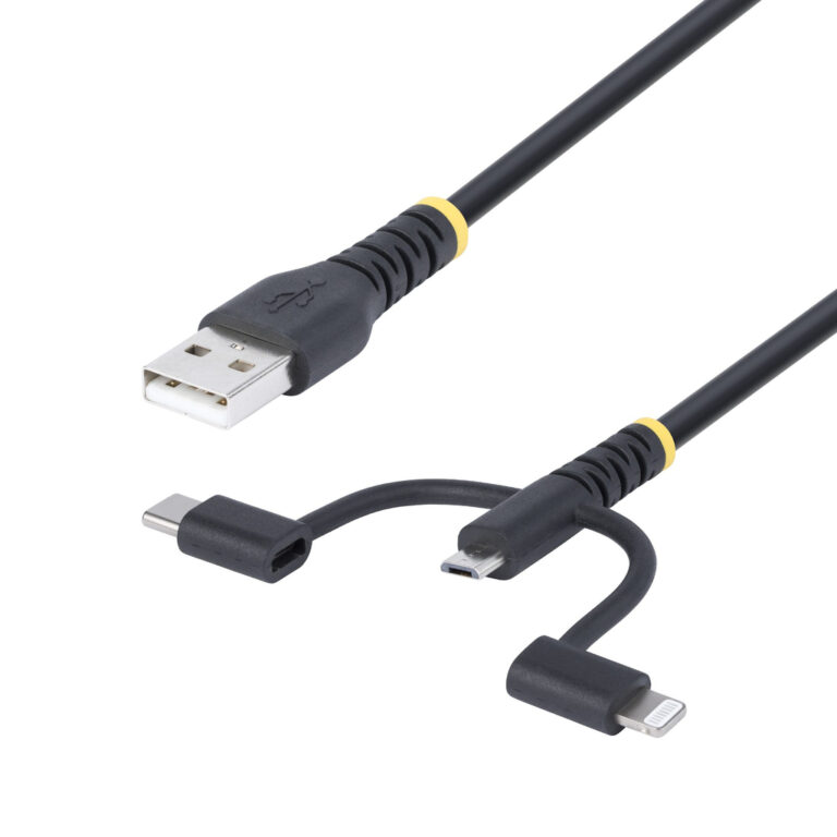 StarTech.com 3.3ft (1m) Rugged USB Multi Charging Cable, USB to Lightning/Micro-USB/Type-C, Apple MFi Certified, Aramid Jacket,