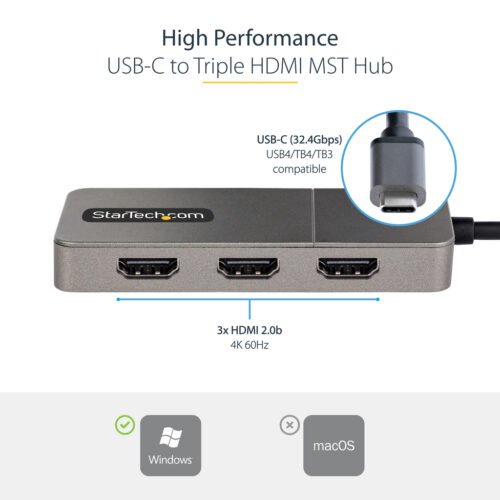 StarTech.com 3-Port USB-C MST Hub - USB Type-C to 3x HDMI Multi-Monitor Adapter for Laptop - Triple HDMI up to 4K 60Hz with DP - Image 3