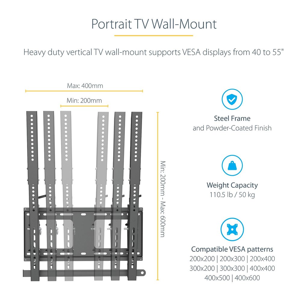 StarTech.com Portrait/Vertical TV Wall Mount - Heavy Duty TV Wall Mount - 40-55" VESA Display (110lb/50kg)- Tilting Low Profile - Image 7