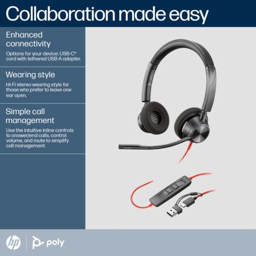 POLY Blackwire 3320 Stereo Microsoft Teams Certified USB-C Headset +USB-C/A Adapter - Image 12