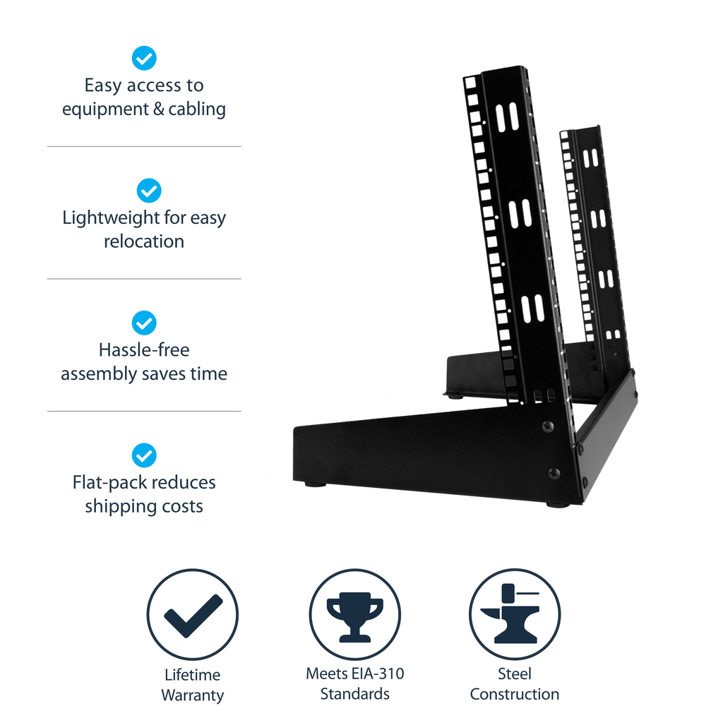 StarTech.com 2-Post 8U Desktop Server Rack, Small Open Frame 19in Computer Rack, Compact Network Rack for AV / Studio / Data / - Image 10