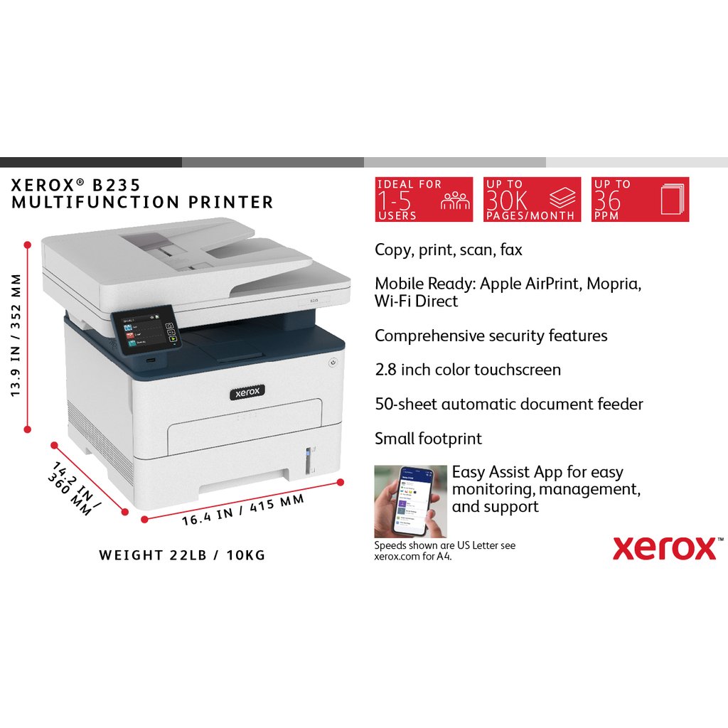 Xerox B235 A4 34ppm Wireless Duplex Copy/Print/Scan/Fax PS3 PCL5e/6 ADF 2 Trays Total 251 Sheets UK - Image 10