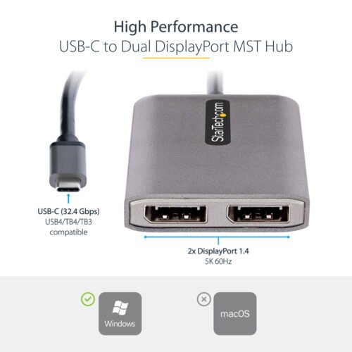 StarTech.com USB-C to Dual Displayport 1.4 Adapter, USB Type-C Multi-Monitor MST Hub, Dual 5K 60Hz DP Laptop Display Extender / - Image 4